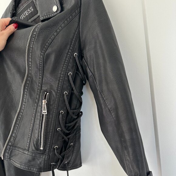 GUESS Faux Leather Lace-Up Jacket, Black Size: Small - Picture 5 of 7